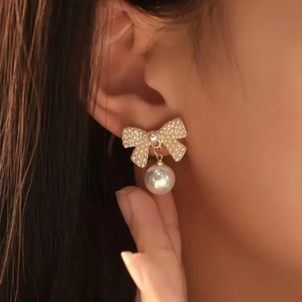 White Bow Coquette Faux Pearl Formal Prom Cocktail Earrings Wedding Jewelry